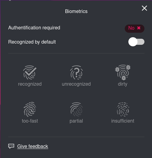 Biometrics widget popup