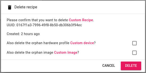 Delete recipe popup
